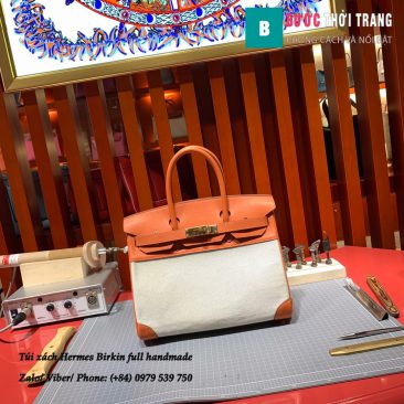 Túi Hermes Birkin full handmade da bò swift và vải ren màu cam size 30cm (1)