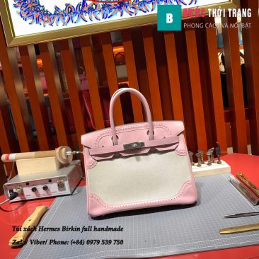 Túi Hermes Birkin full handmade da bò swift và vải ren màu hồng size 30cm (1)