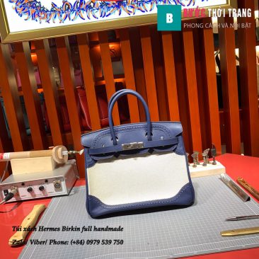 Túi Hermes Birkin full handmade da bò swift và vải ren màu xanh lam size 30cm (1)