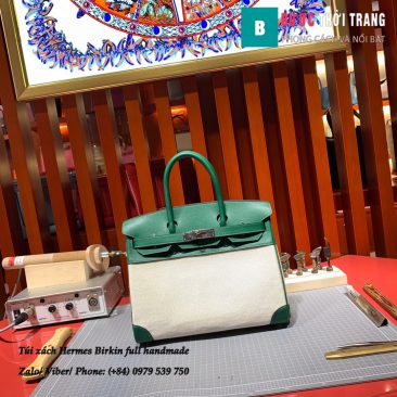 Túi Hermes Birkin full handmade da bò swift và vải ren màu xanh size 30cm (1)