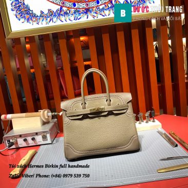 Túi Hermes Birkin full handmade da bò swift và vải ren màu xám voi size 30cm (1)