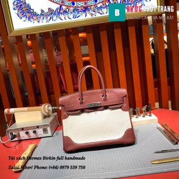 Túi Hermes Birkin full handmade da bò swift và vải ren màu đỏ thẫm size 30cm (1)