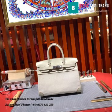 Túi Hermes Birkin full handmade da togo và vải ren màu trắng size 30cm (1)