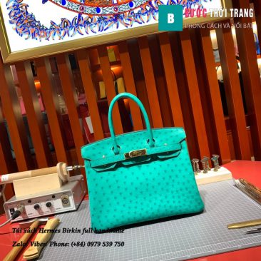 Túi xách Hermes Birkin full handmade da Ostrich màu xanh bạc hà size 30cm (1)