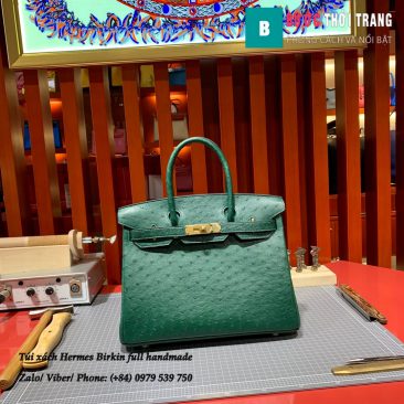 Túi xách Hermes Birkin full handmade da Ostrich màu xanh malachite size 30cm (1)