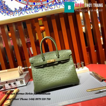 Túi xách Hermes Birkin full handmade da Ostrich màu xanh rêu size 30cm (1)