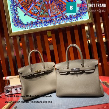 Túi xách Hermes Birkin full handmade da togo màu xám voi size 30cm (1)